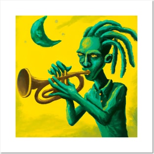 Surreal dreadlock alien playing trumpet Posters and Art